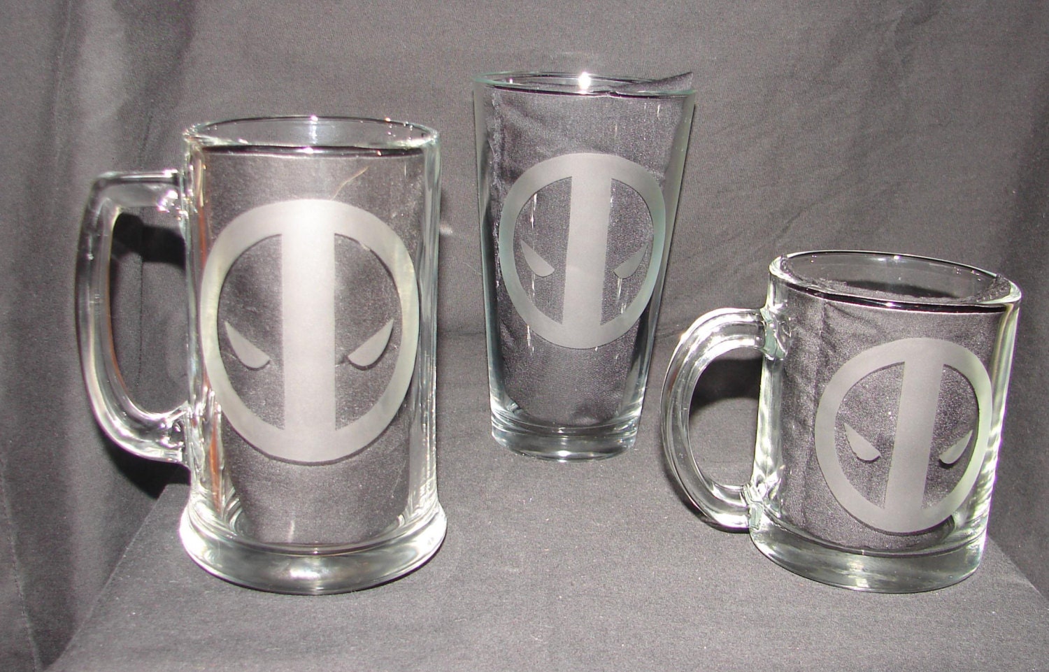 Deadpool the Marvel Antihero Hand Etched 3 Glass Set includes Beer Mug, Drinking Glass, and Coffee Mug