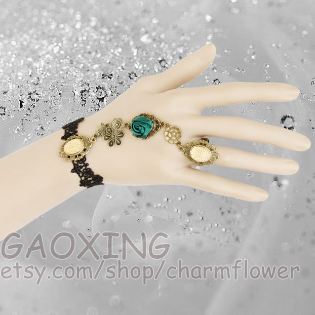 Adjustable Handmade Bracelet Black Lace Bracelet Bronze Metal Chain Champagne Resin Drill Ring Photo Props Fashion Accessory WS242