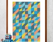 Geometric Composition 1, Abstract poster, Mid Century Modern, Home Décor, Scandinavian Design, Blue, Orange, Cold Colours, Autumn,  A4 print