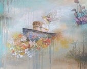 large reproduction on wood with resin.  Yellow bird, boat, floral painting