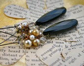 Gatsby 20s inspired gemstone cluster drop earrings Onyx with vintage crystal and pearl