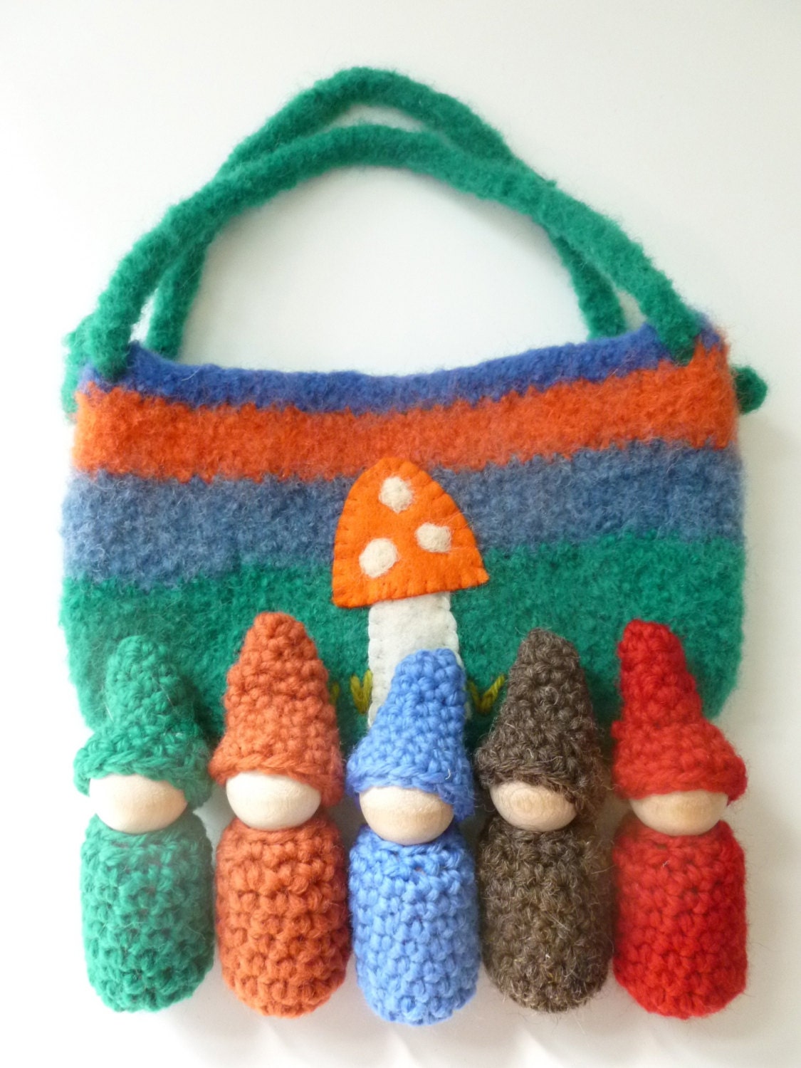 Gnomes in a pouch set wood peg dolls felted pouch