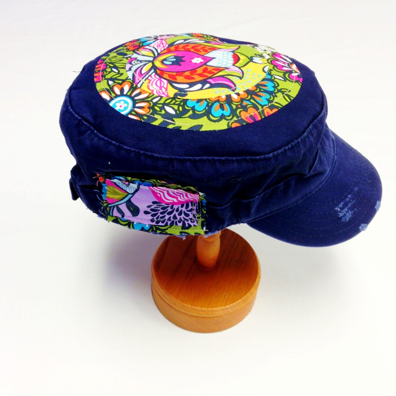 Women's Military Cap in Navy - Multi-Color Flower Print Top - Cadet Hat