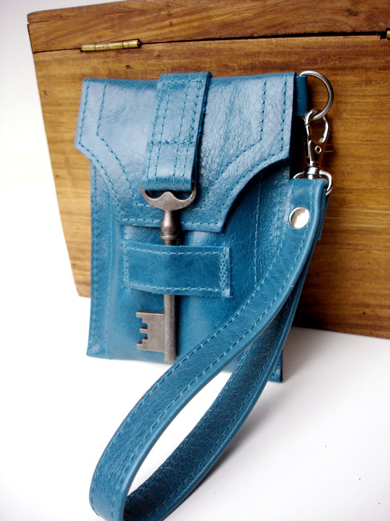 Leather iPhone Cell Case with Antique Key and Wrist Strap - Glazed Turquoise - MADE TO ORDER iPhone 5