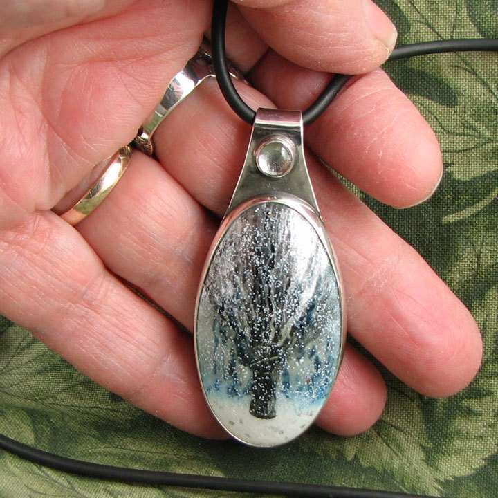Tree with SNOW in WINTER  Enameled Sterling Pendant with simulated aquamarine cabochon OOAK