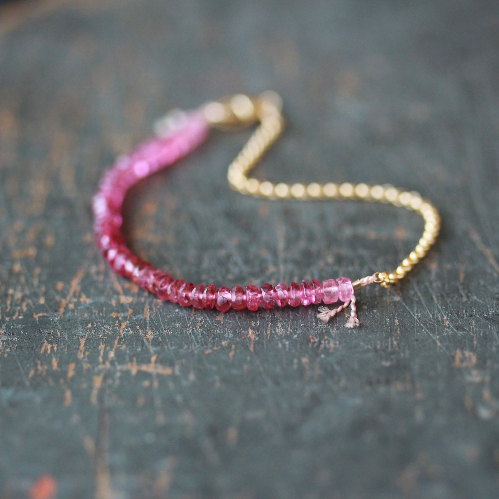 Pink Tourmaline Bracelet Ombre Gemstone Delicate Gold Handmade Jewelry