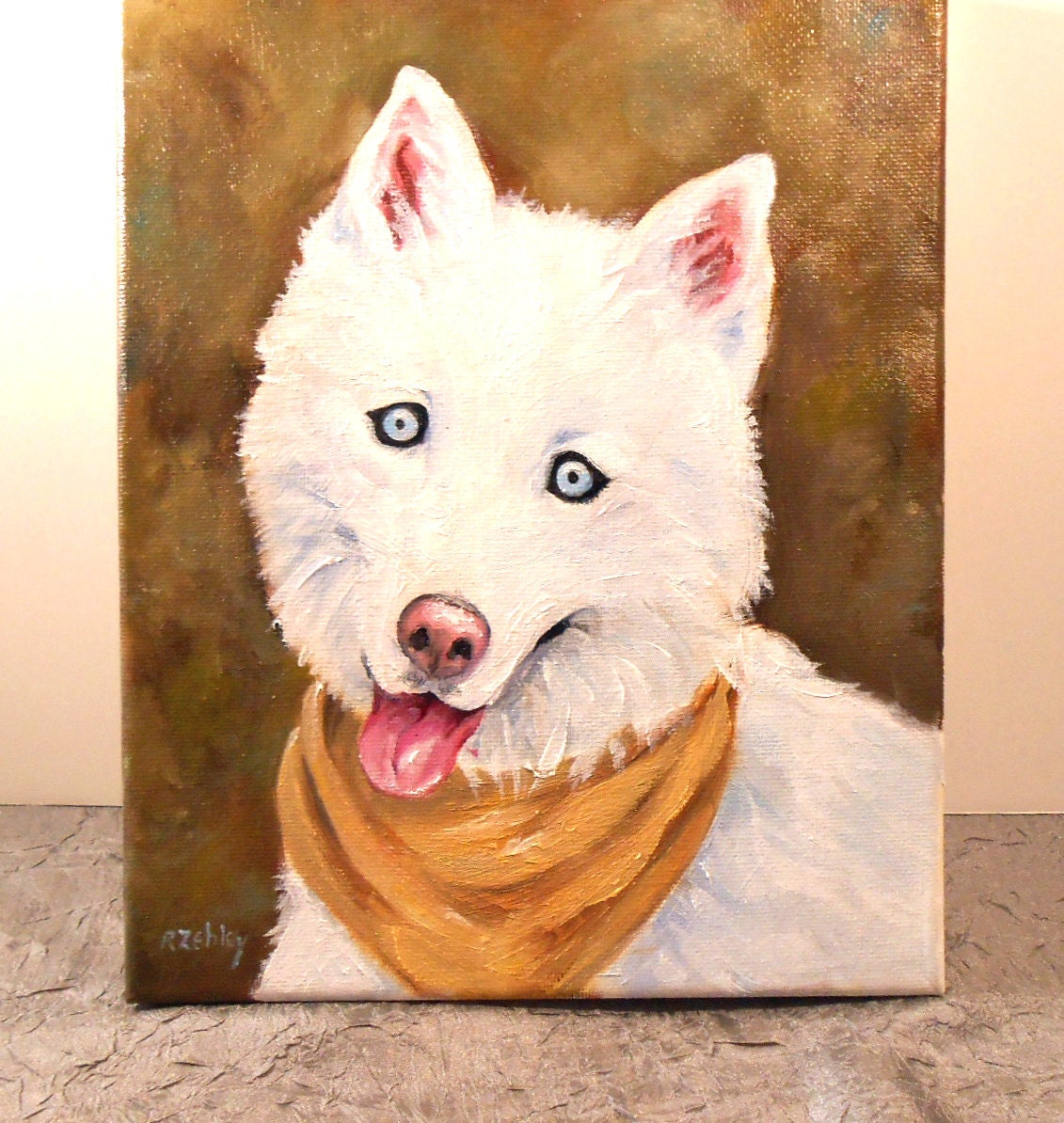 White Husky Pet Portrait Oil Painting on canvas, 8 x 10, oils on canvas, full of personality Custom from photos