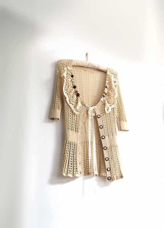SALE - Lacy Cardy, Cream, Beige, Cardigan, Vintage Lace, Mother of Pearl, Buttons, Stretch, Elegant, Boho