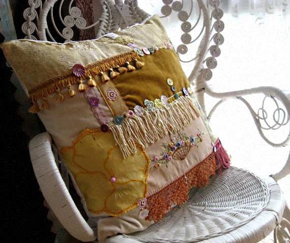 Large Honey & Lavender Cushion, Cover, Antique velvet, Silk Embroidery, Bird, Fringe, Pillow, Boho Decor, Home