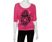 Pink Half Sleeve Soft Speckle Top with Sacred Heart Screen Print - XL