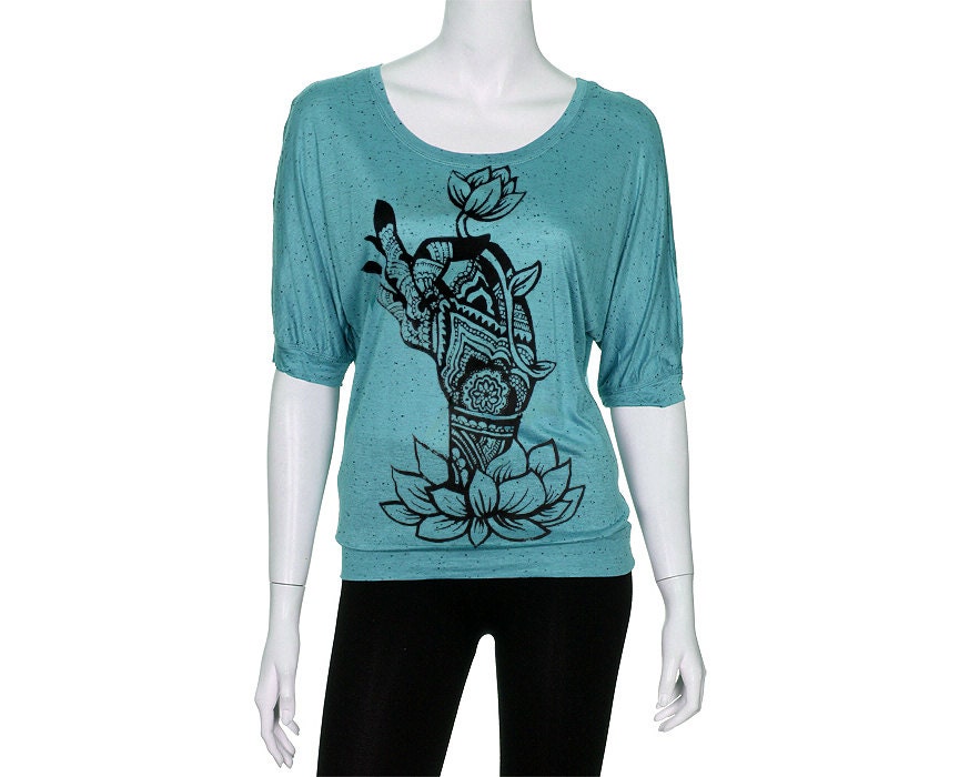 Teal Half Sleeve Soft Speckle Top with Henna Lotus Mendhi Hand Screen Print - Small