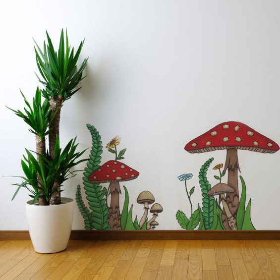 Large Mushroom and Ferns Wall Decal