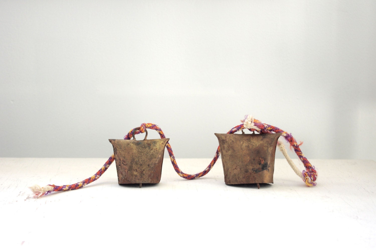 Indian Cow or Goat Bells with Braided Rope - Vintage - Set of Two - from India