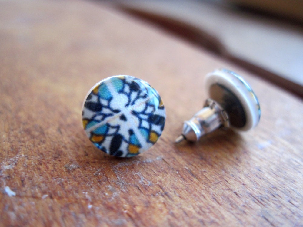 Stud earrings for the traveling girl, Decorative Mediterranean Tile design post earrings, blue stud earrings, mosaic tile design, travel