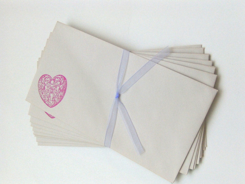 Hand Stamped Envelopes with Pink Scroll Heart