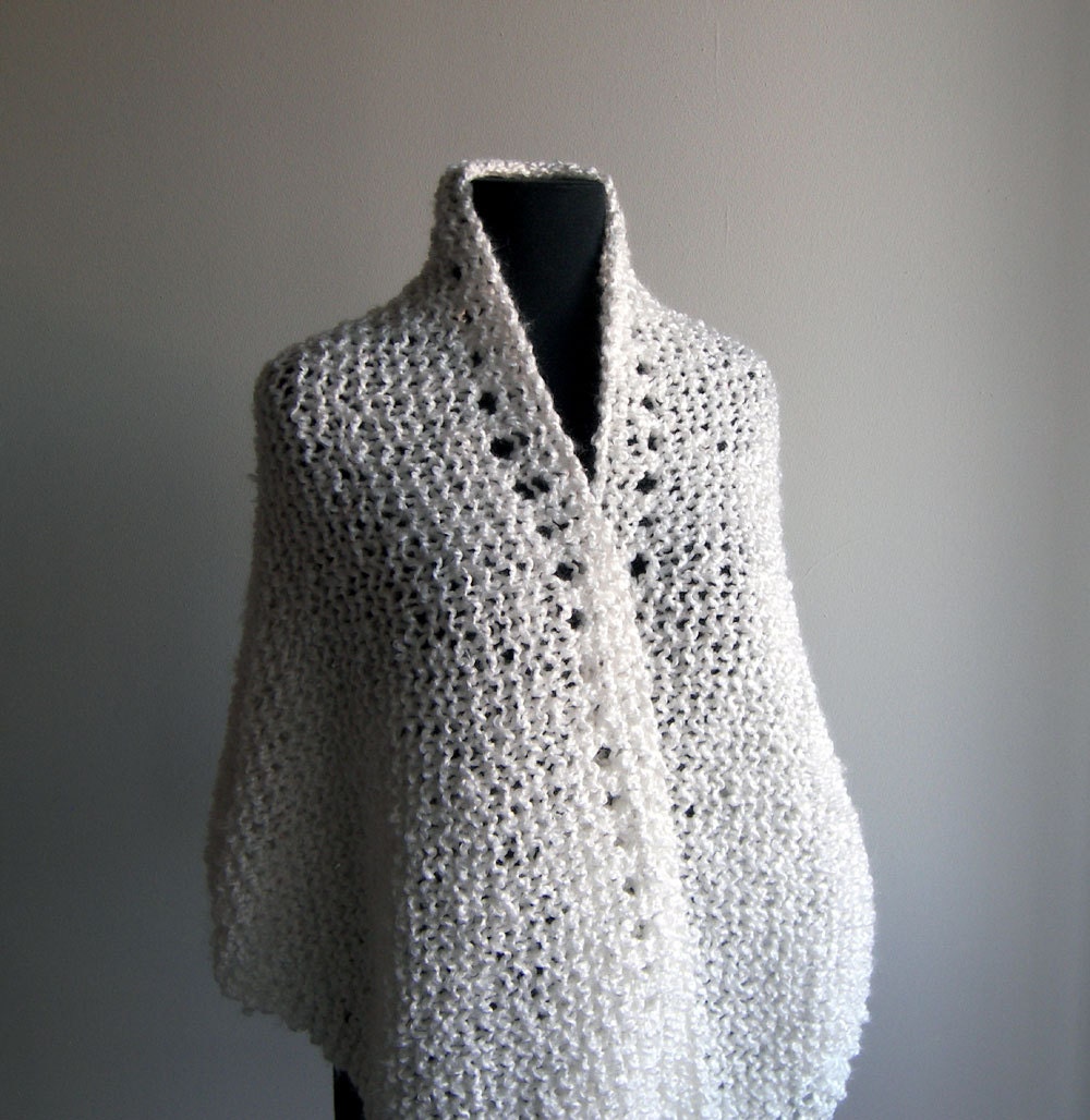 Custom Hand Knit Prayer Meditation Comfort Shawl, Scarf, Wrap, Triangular, True White, Soft Acrylic, Bed Jacket, FREE SHIPPING