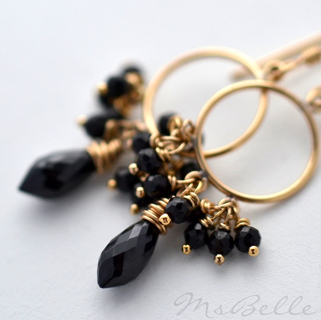 Black Spinel Briolette Circle Dangle Earrings in Gold Filled - Black Gold Cluster Chandelier Earrings