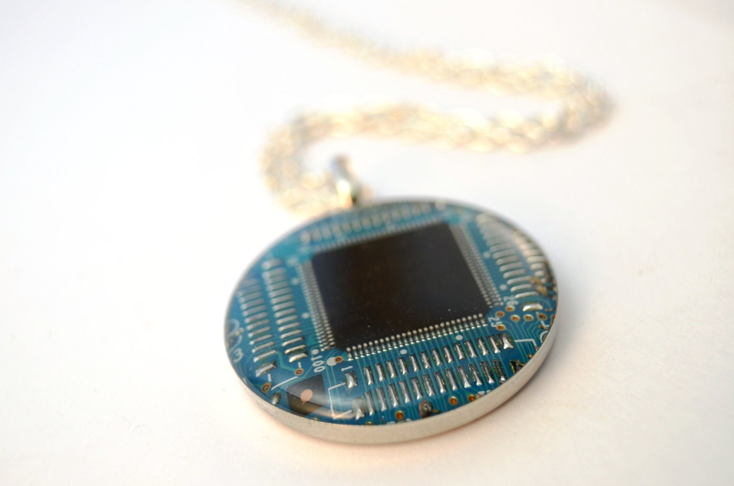 Recycled Circuit Board Necklace in Turquoise Fathers Day Keychain Gift
