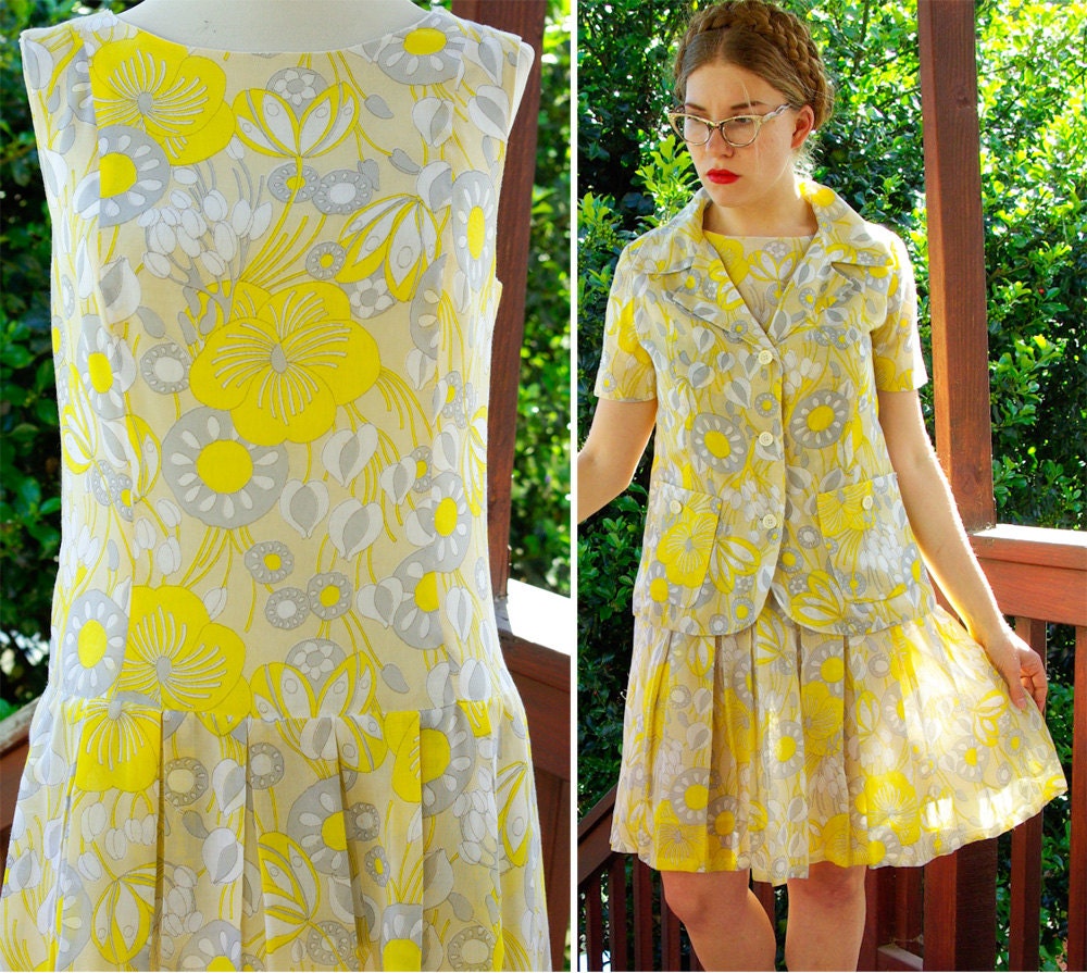 CALIFORNIA Girl 1960's 70's Psychedelic Yellow and Gray Flower Power Polyester Dress and Jacket Set size Small Med