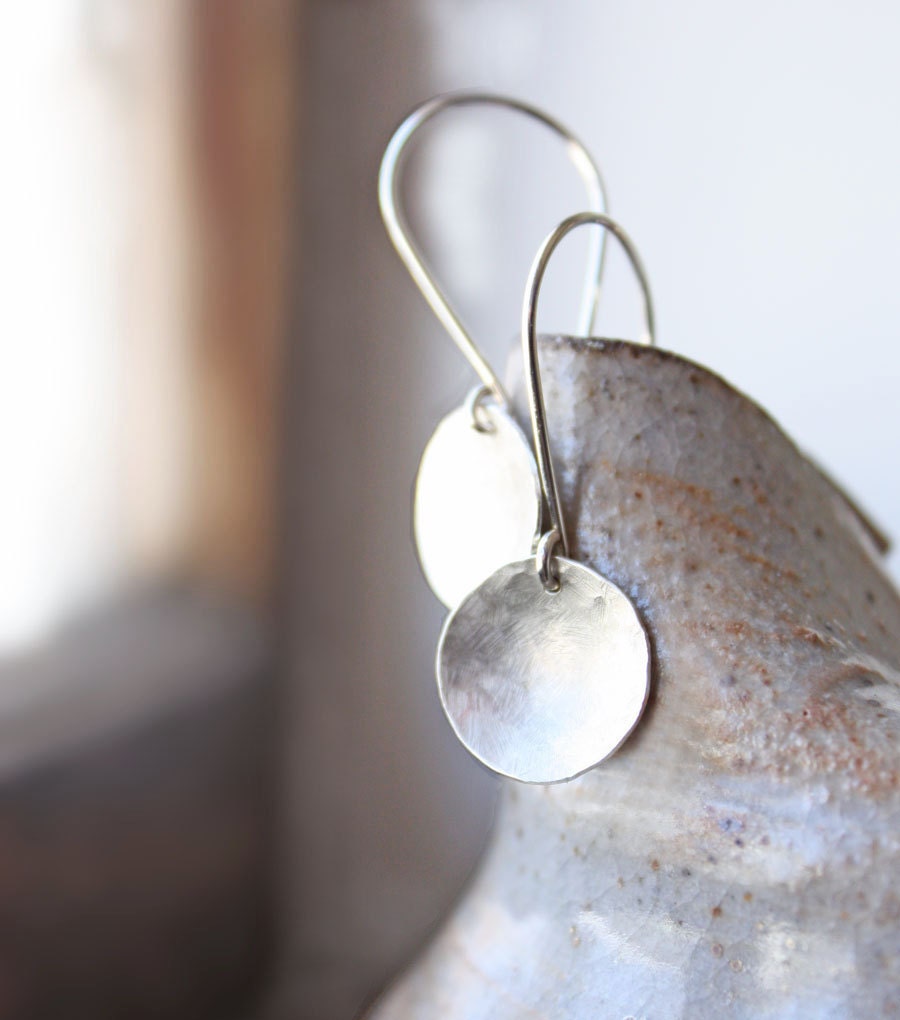 sterling silver earrings, hammered disc round circles, silver jewelry lunar full moon
