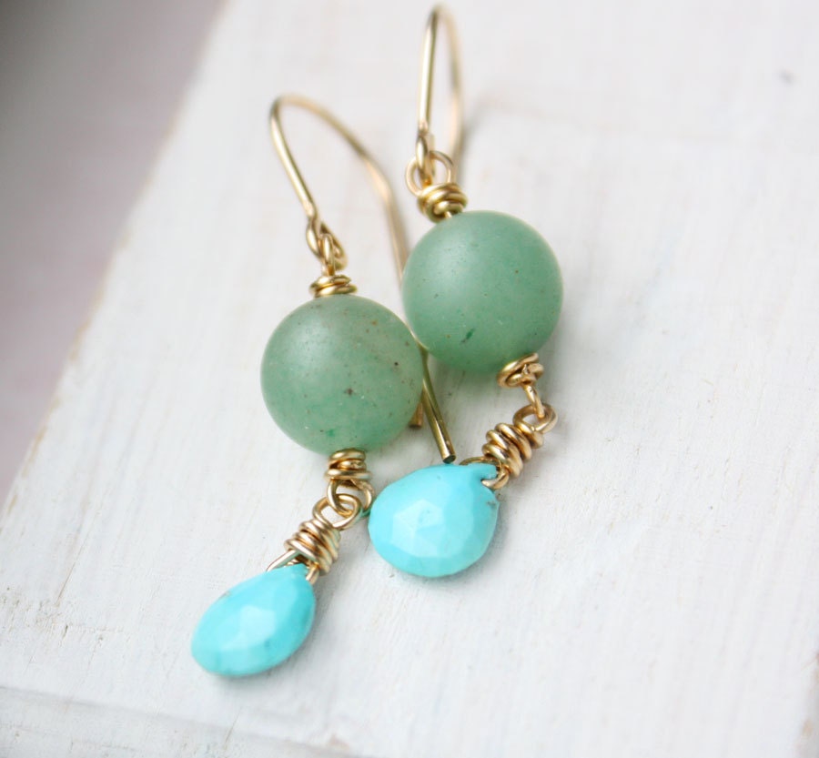 Memorial Day Sale Turquoise earrings, blue green jewelry, gold filled summer beach boho dangle
