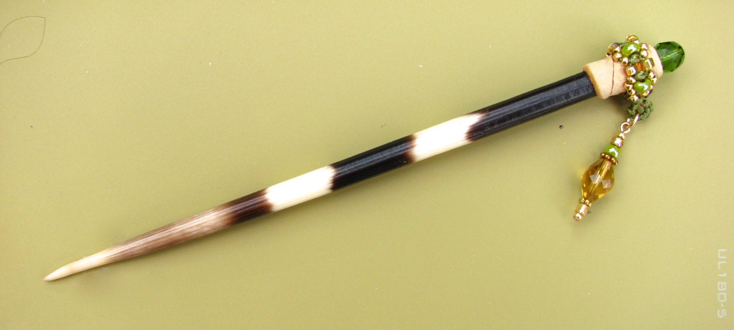 Quill Hair Stick, Macrame, Beaded Hairstick, Porcupine Quill Hair Ornament, Desert gold and green