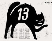 2013 Wall Calendar Art Print Screenprint - Black Cat Unlucky Hand Printed Silkscreen Poster - Little Friends of Printmaking