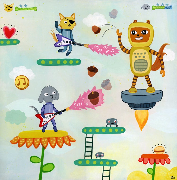 Puppies vs. Squirrelbot 12x12 square print