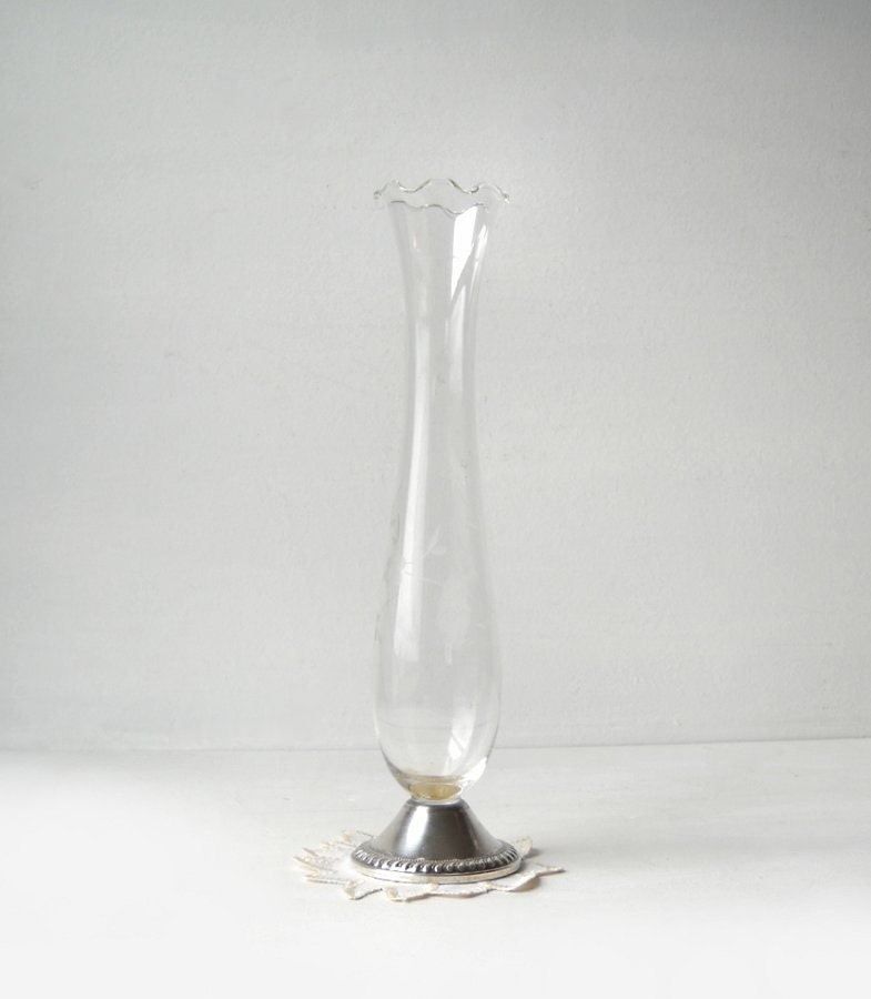 Vintage Duchin Bud Vase - Weighted Sterling Silver Crystal - Floral Etched Glass
