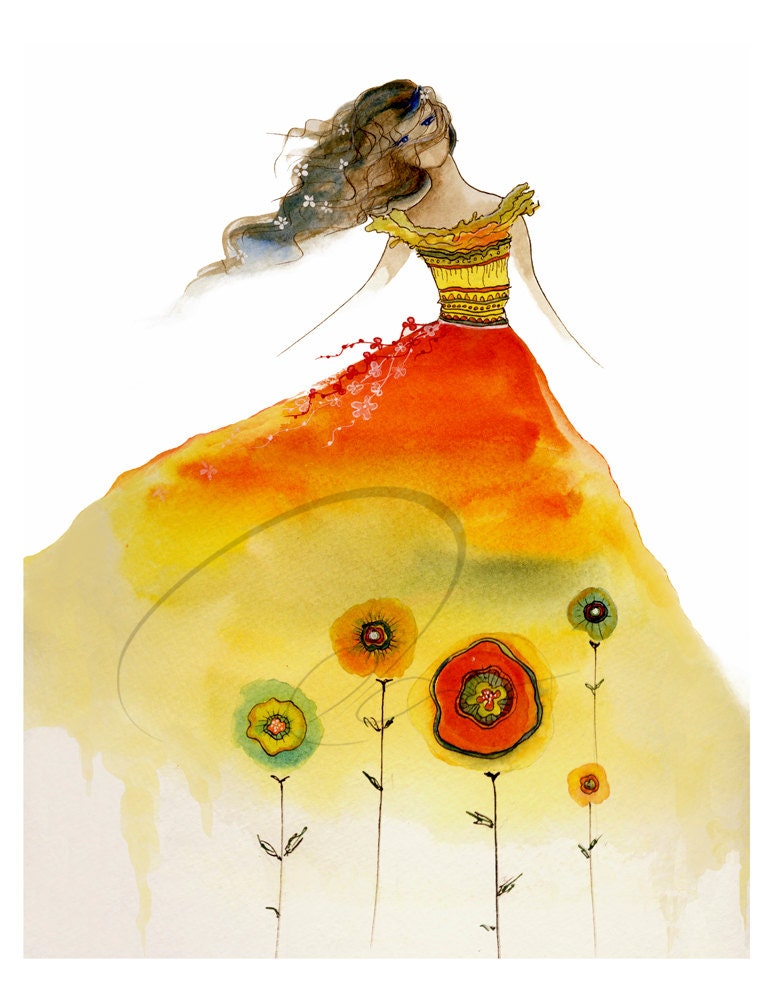 Aphrodite Rising - Art Print girl's room youth fashion sketch dress design teenager girl flowers red watercolor painting pink Oladesign 8x10