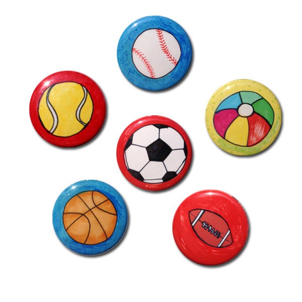 Sports Magnet Set - Sports Pinback Buttons - Football, Baseball, Soccer, Tennis, Basketball, Beach Ball, Fridge Magnets, Pins, Sports Pins