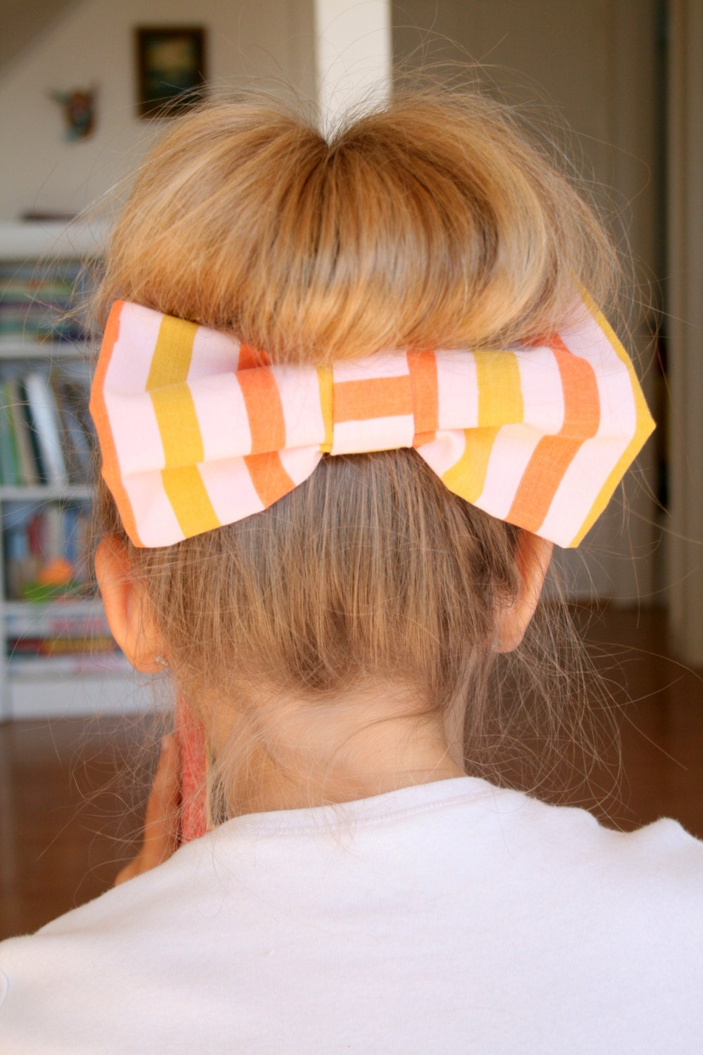 Big Hair Bow, Coral, Pink and Yellow Striped Vintage Fabric, Hair Clip