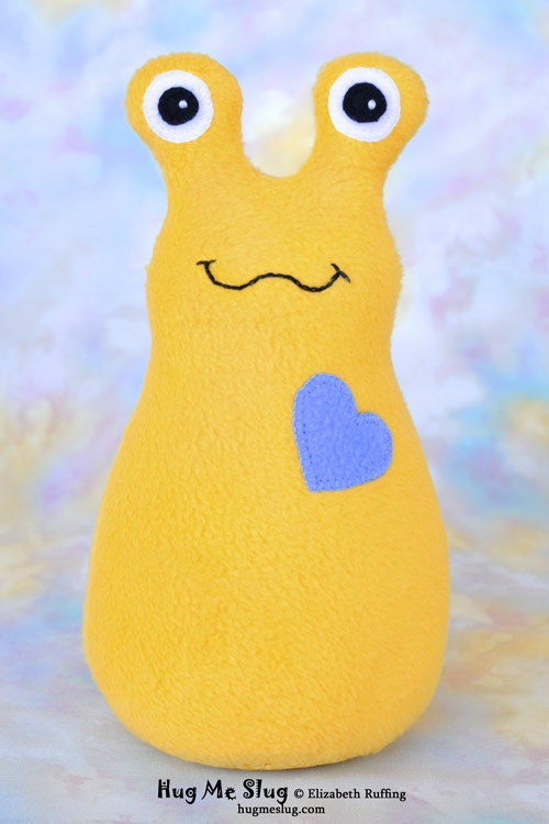 Handmade Slug, Stuffed Animal Plush Kids Art Toy, Hug Me Slug, Personalized Tag, Daffodil Yellow Cornflower Blue Fleece, 9 inch, Ready-made