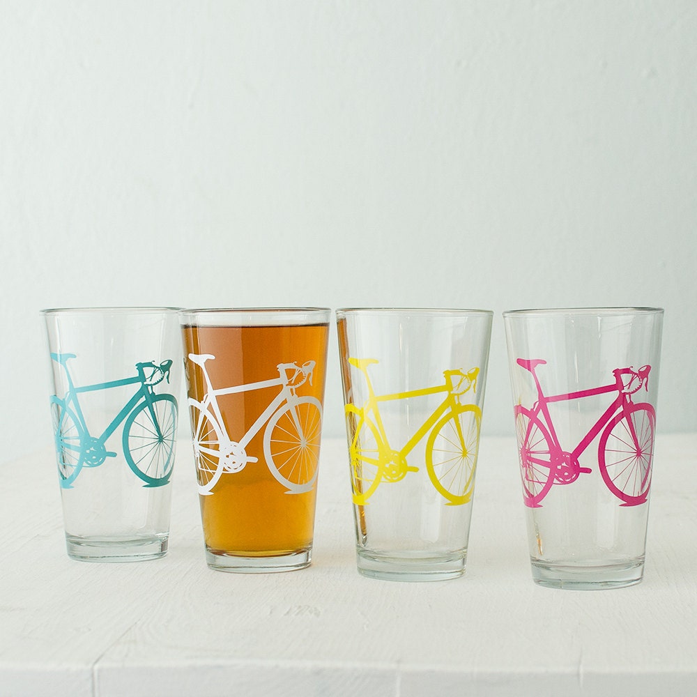 SPRING bike party - screen printed bicycle pint glasses, set of 4, turquoise white, yellow, berry