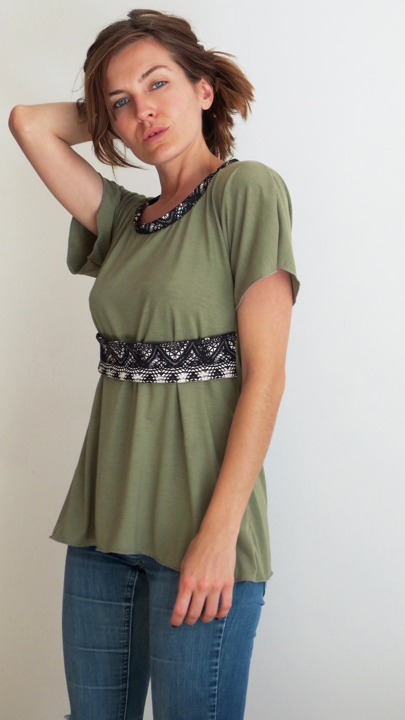 Simple Sage Blouse stretch knit blace lace printed belt Spicy Toast flutter dolman sleeved