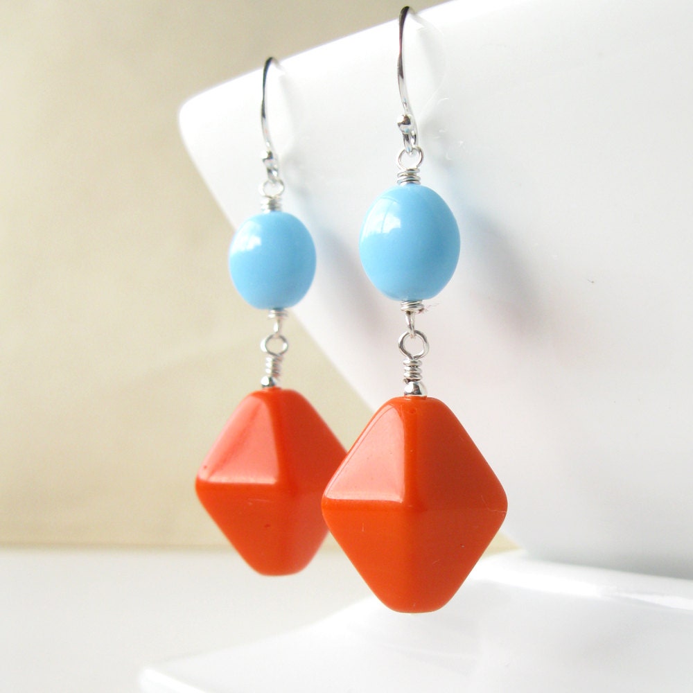 Way Back  Earrings Vintage glass orange and blue in sterling silver