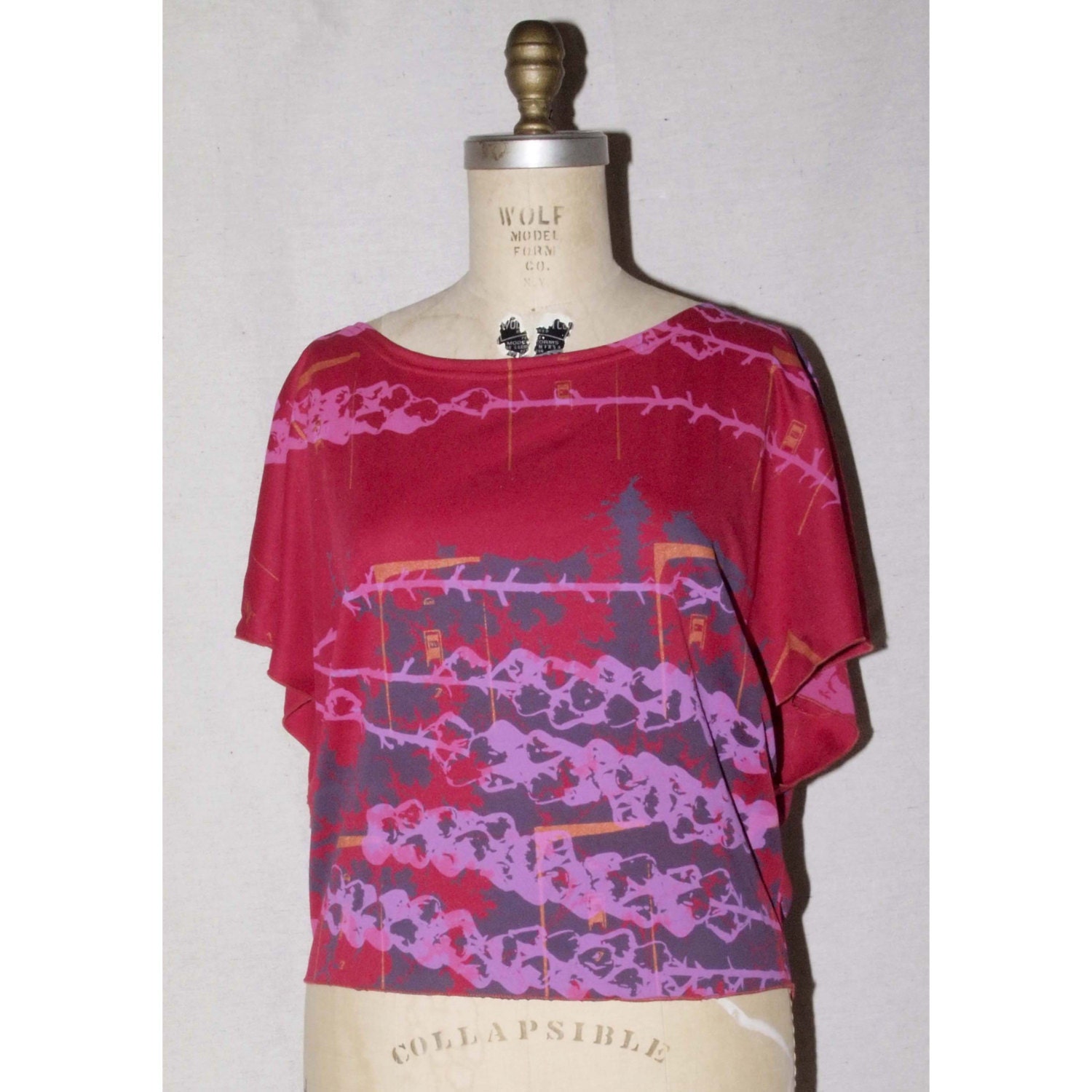 SALE Red Poly Knit Handprinted Butterfly Sleeve Top