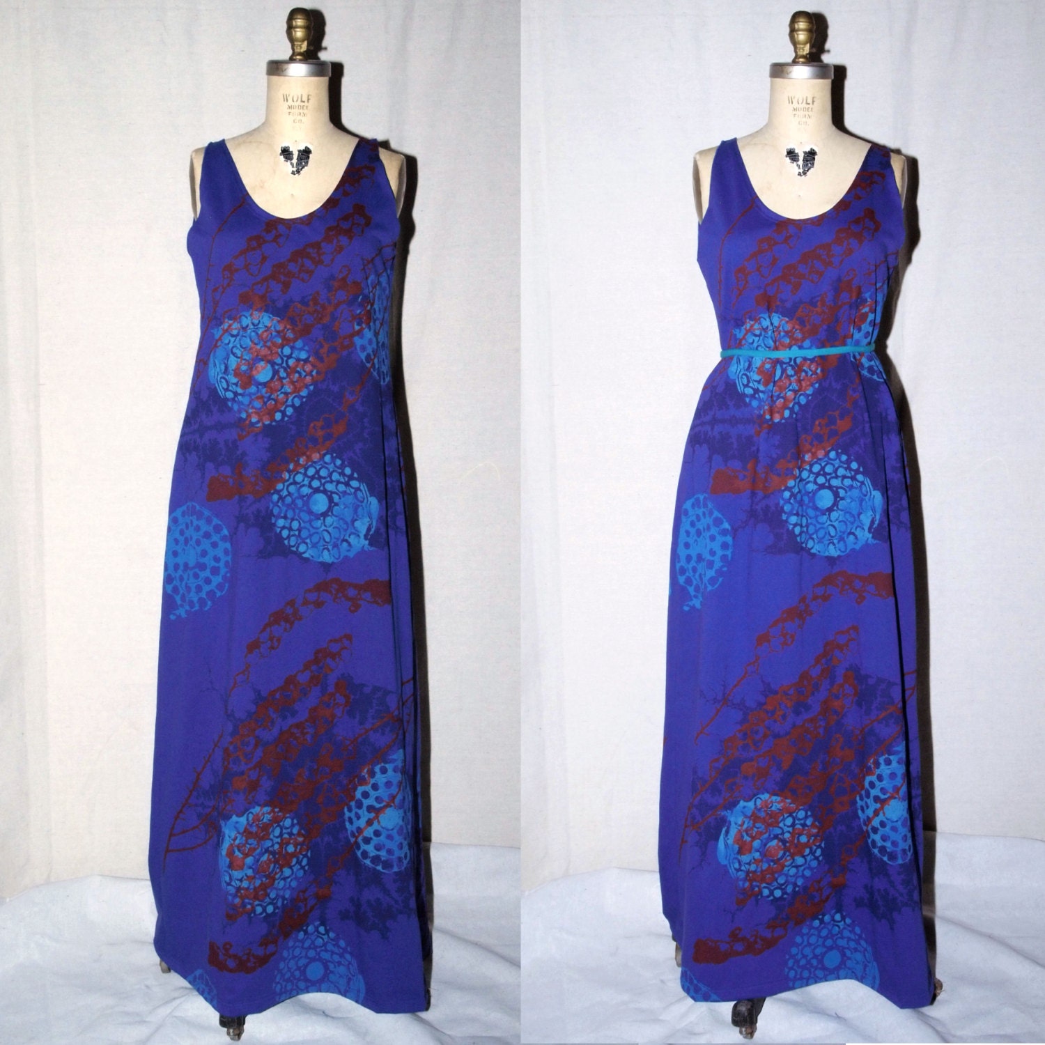 Purple Cotton Jersey Maxi Dress with light blue firework remnant, red bell flowers, and  purple digital tie dye screenprinted