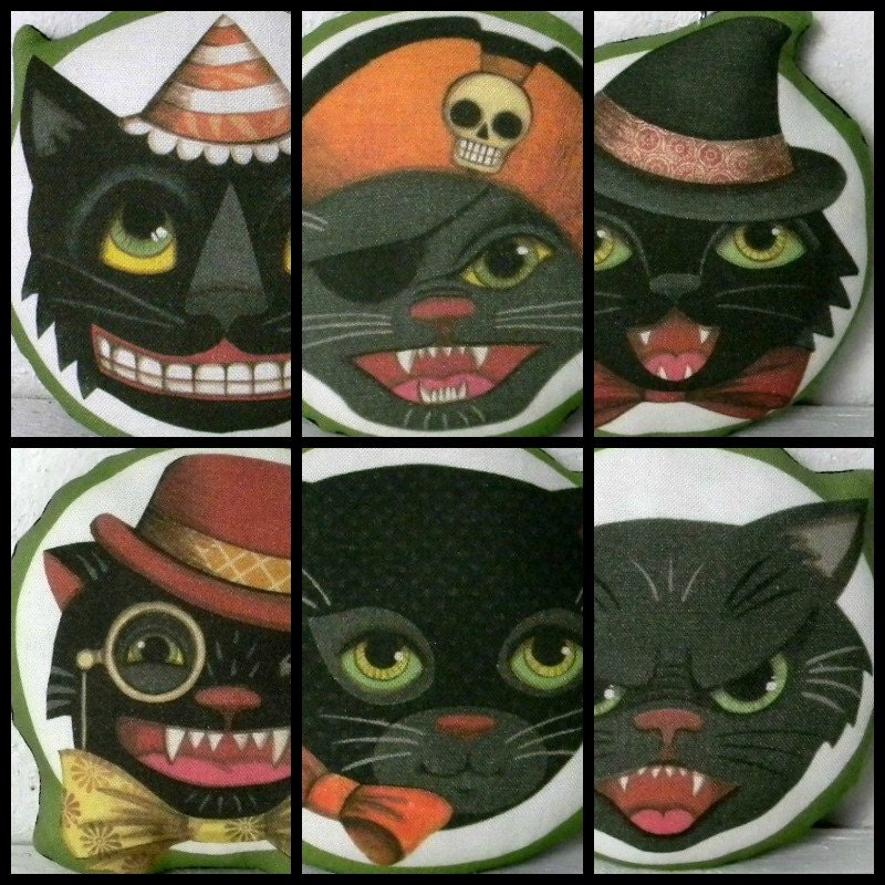 Black Cat Ornament-  Original Folk Art Printed and Stuffed Fabric Decoration