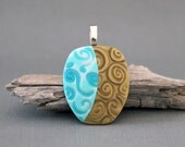 Polymer clay pendant. Gold teal. Swirls. Swirly. Mica shift. 3D effect. Domed.