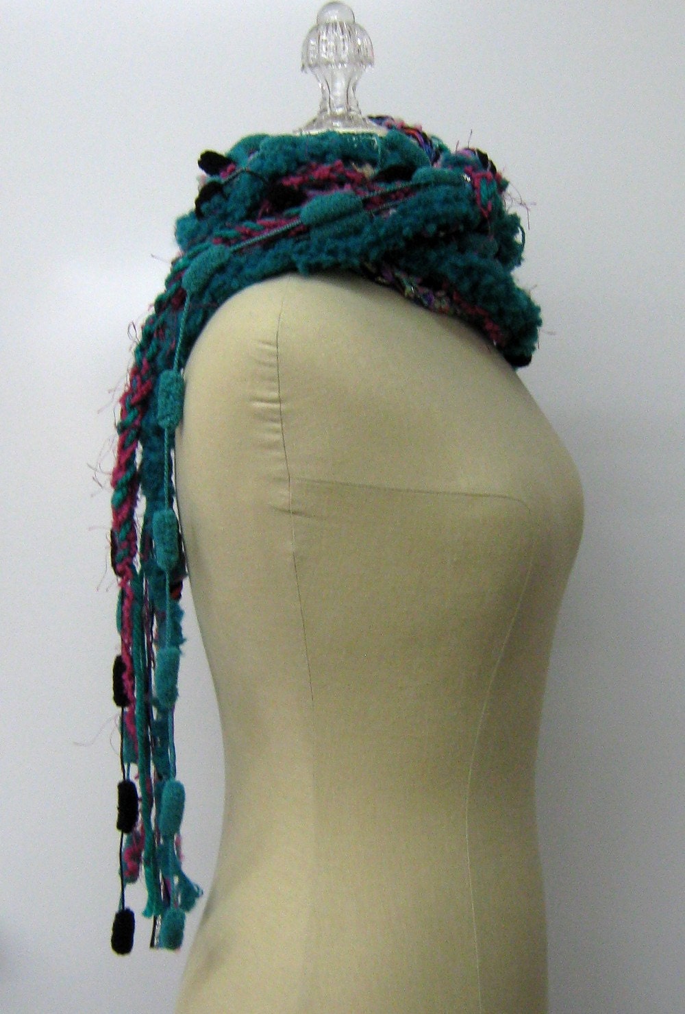 Emerald teal green braids Gypsy Fringe Scarf skinny lariat Hippie crochet neck wear