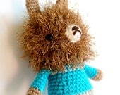 hugo .. crochet rabbit toy, brown bunny plush boy in bright blue sweater