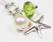 Tiny Starfish Necklace, Sterling Silver, Apple Green Peridot, Freshwater Pearl, Mini Charms, Sea Star, Adjustable, Flower Girl Wedding