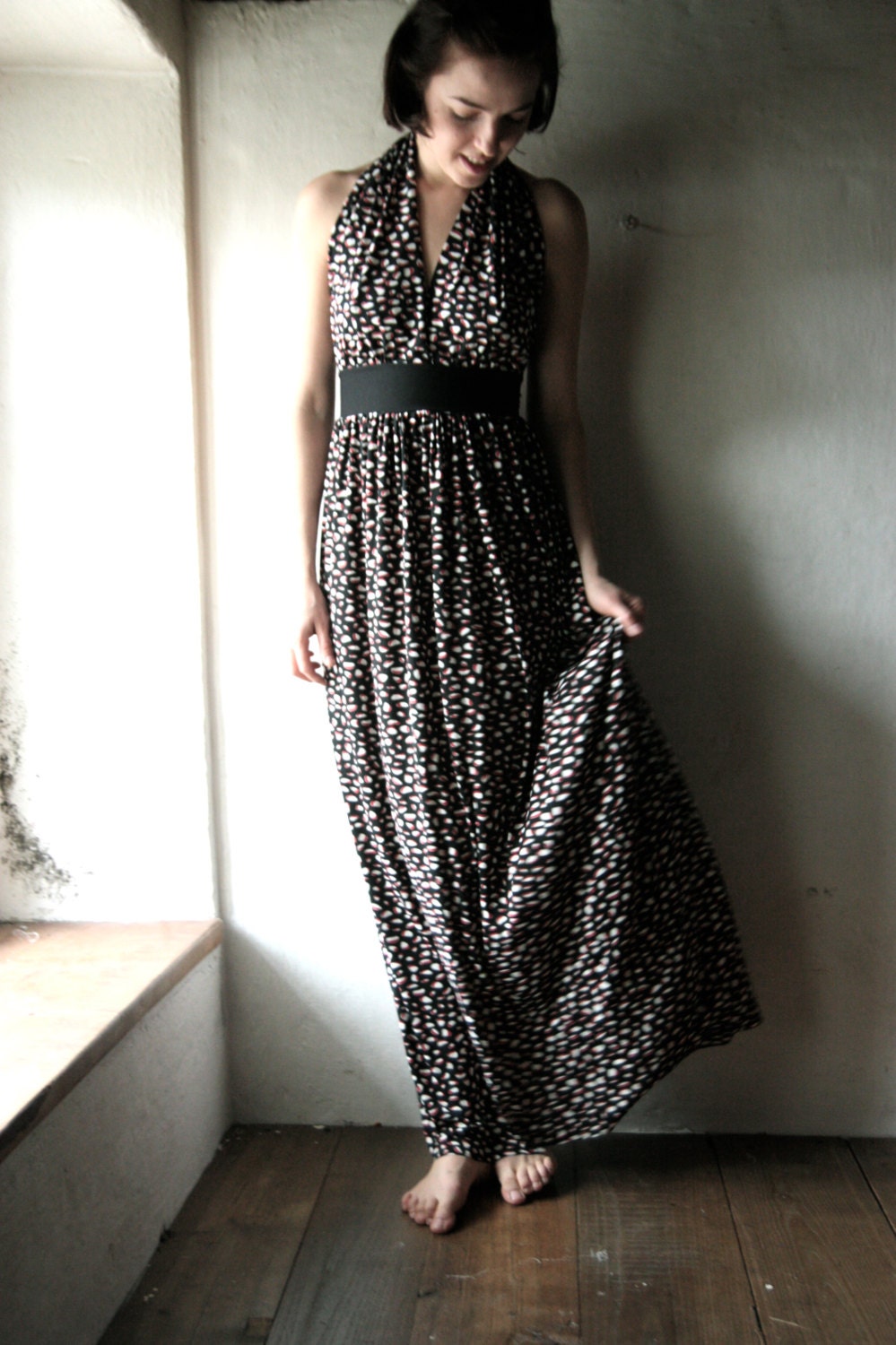 Draped Maxi Dress - Printed halter long gown in jersey - womens tunic dress with bare back  and draped neckline