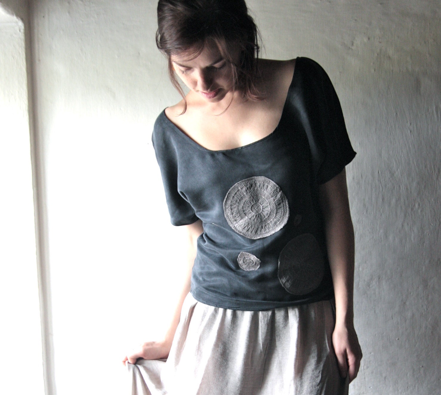 Silk Blouse -  black dolman sleeved maxi top with scooped neckline - matte silk satin tshirt with grey lace applique