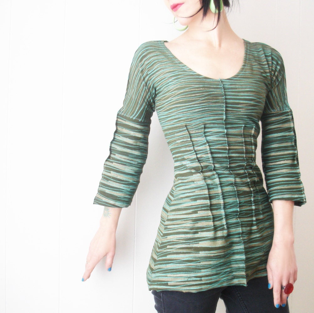 Long Before - Made to Order -  iheartfink Handmade Hand Printed Womens Spring Fashion Artistic Striped Blouse Top
