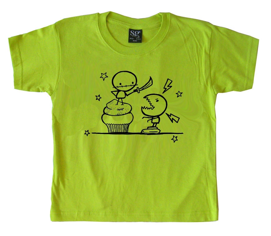 Lime green Zombie Cupcake Sword Fight T-shirt by Rocky The Zombie