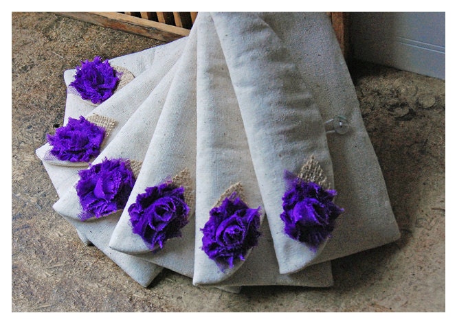 Set of 7 purse clutch burlap rose color choice raw cotton linen Bridesmaid wedding rustic Personalize gift MakeUp tagt