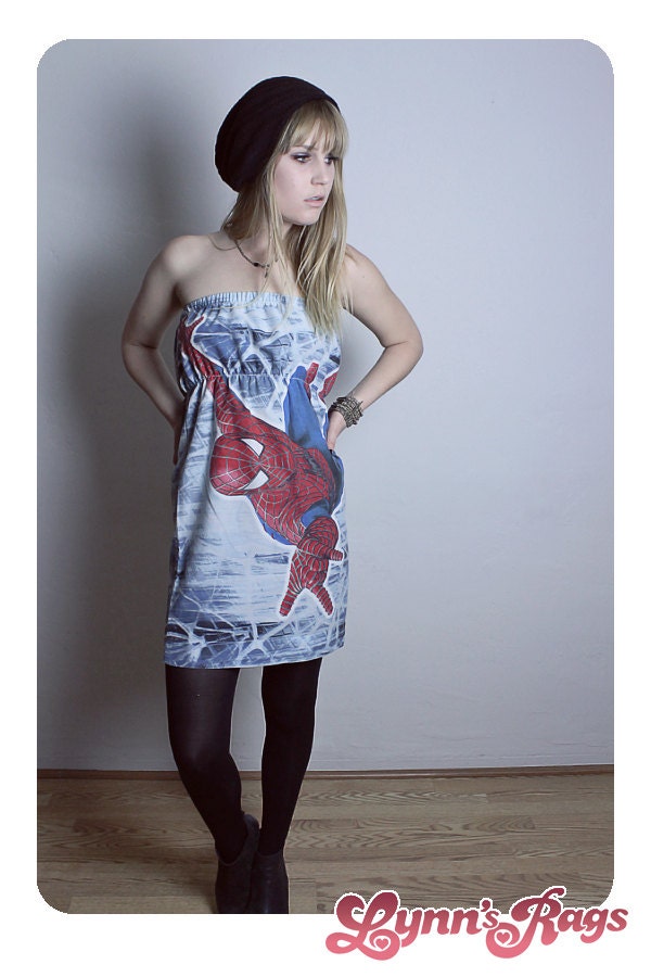SPIDERMAN Pillow Case Dress Marvel COMIC Strapless Red Blue Handmade