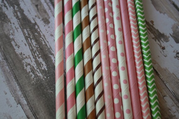 Girls John Deere Theme Party Straws -- Vintage --Tractor Paper Straw Set of 20 Pink Green Brown Polka Dots Stripes Il_570xn